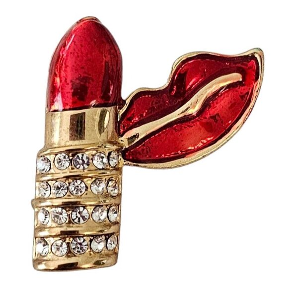 Gold Tone Clear Rhinestone Red Enamel Lipstick Lips Pin Brooch L185 - Picture 7 of 7